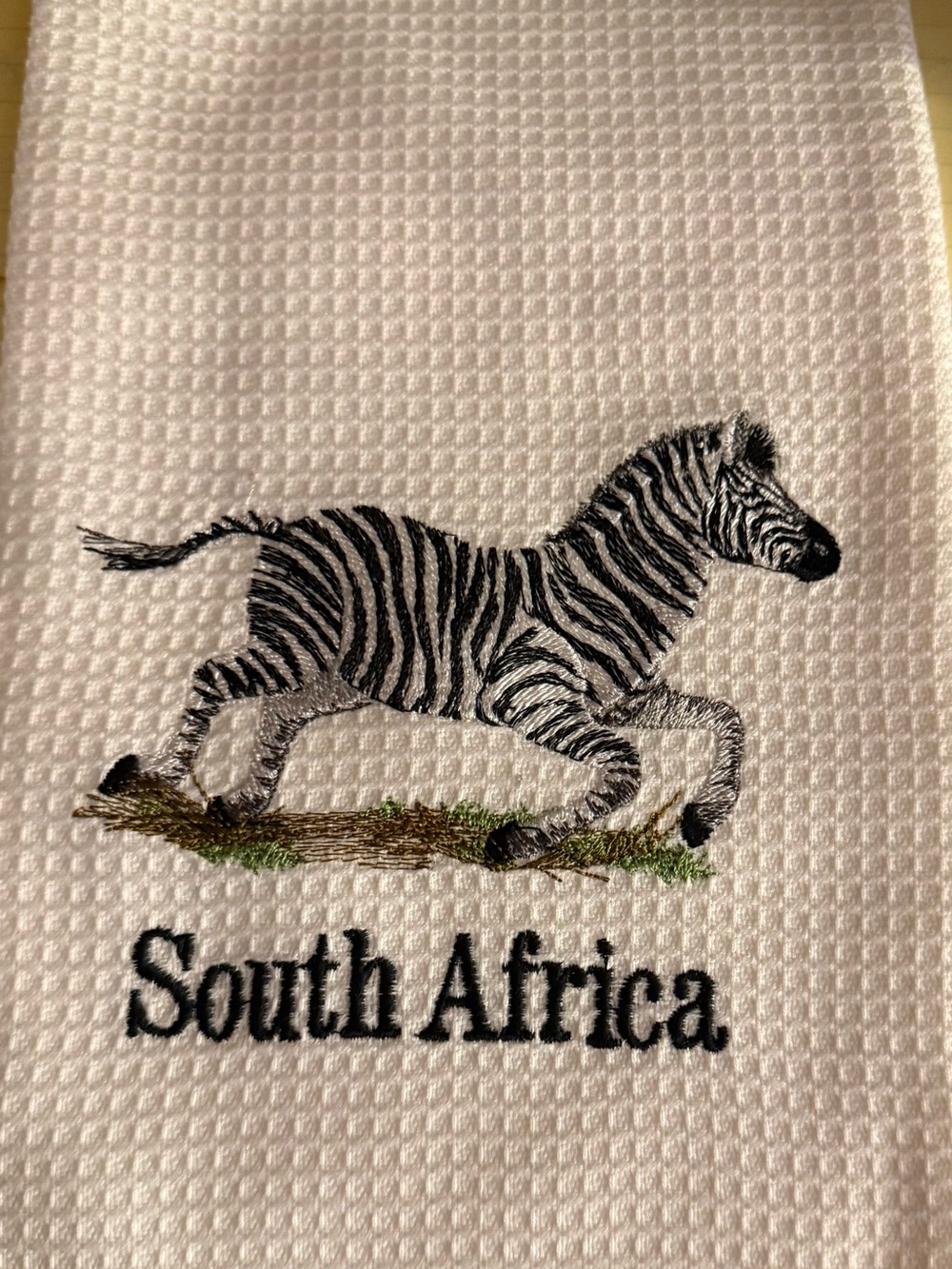 White Zebra-Embroidered Waffle-Weave Hand towel  South Africa Accent